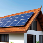 ** A modern Thai house rooftop covered in solar panels, with a meter showing reduced electricity costs. The scene should convey savings and eco-friendliness.

**