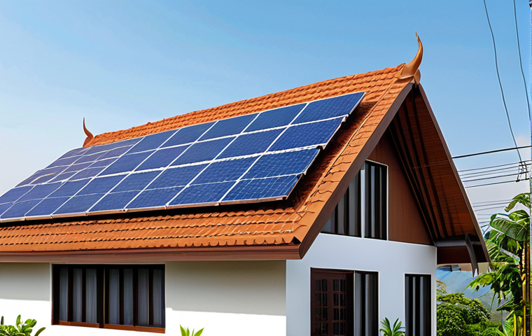 ** A modern Thai house rooftop covered in solar panels, with a meter showing reduced electricity costs. The scene should convey savings and eco-friendliness.

**