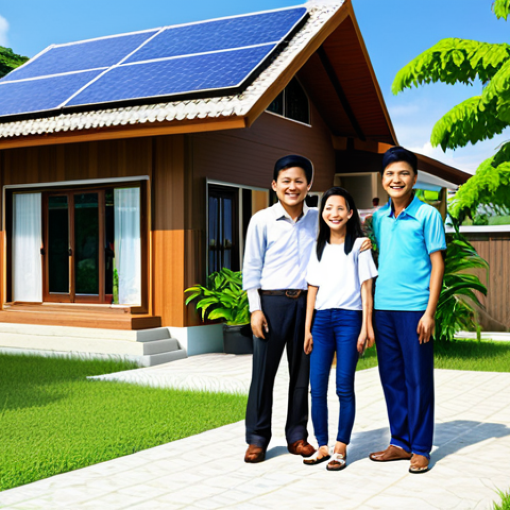 **
A family-friendly scene depicting a modest Thai home with solar panels on the roof, fully clothed family members smiling in the yard, lush green surroundings, bright sunny day, safe for work, appropriate content, perfect anatomy, natural proportions, professional, high-resolution, detailed, realistic. The style should resemble a promotional photograph found on a Thai energy company's website.
**