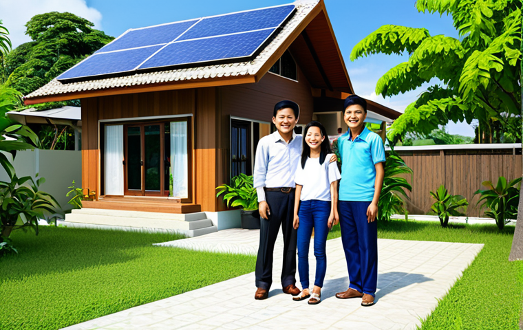 **
A family-friendly scene depicting a modest Thai home with solar panels on the roof, fully clothed family members smiling in the yard, lush green surroundings, bright sunny day, safe for work, appropriate content, perfect anatomy, natural proportions, professional, high-resolution, detailed, realistic. The style should resemble a promotional photograph found on a Thai energy company's website.
**