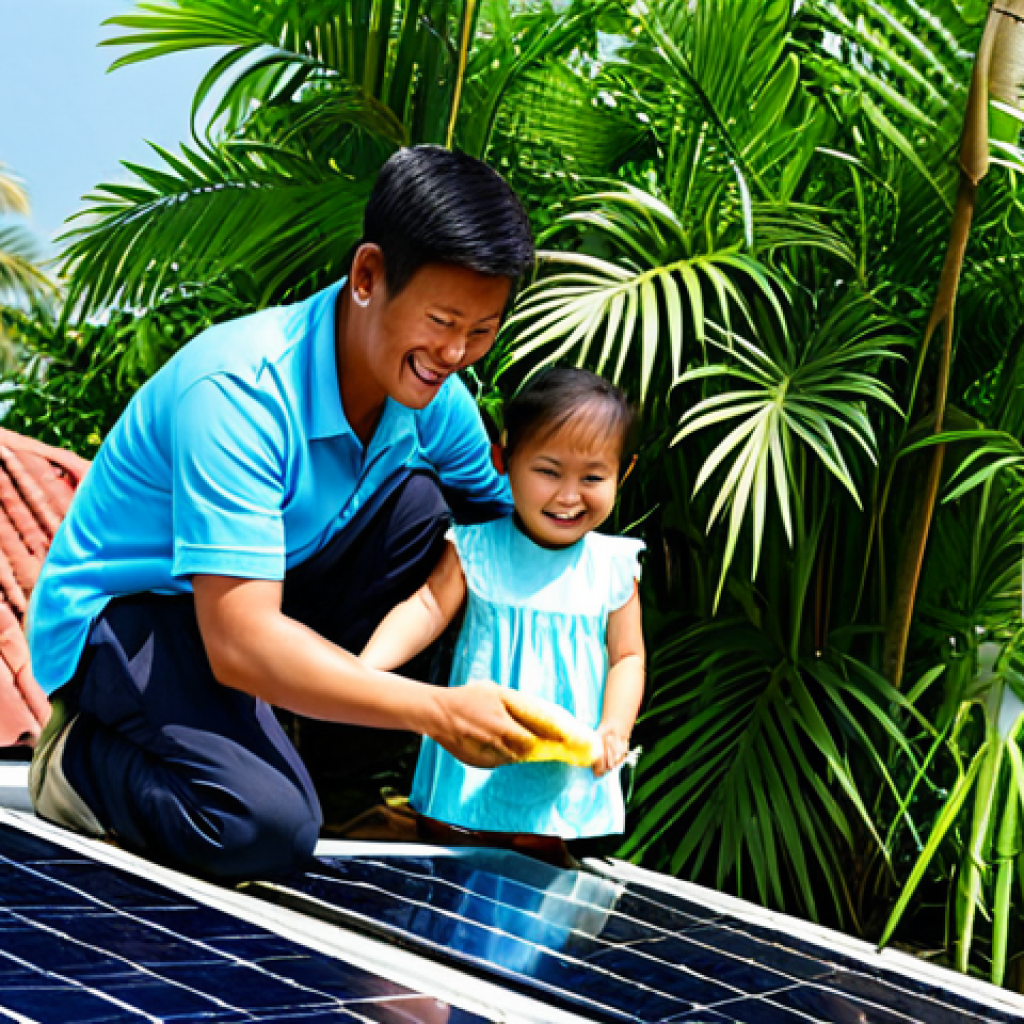 **
A Thai family in a modern, single-family home setting. The father is gently cleaning a solar panel on the roof with a soft sponge and water. The mother and child are watching from below, smiling. Lush tropical plants surround the home. The scene is bright and sunny, conveying a sense of family teamwork and environmental responsibility. Fully clothed, modest clothing, appropriate attire, safe for work, perfect anatomy, natural proportions, professional photography, high quality.
**