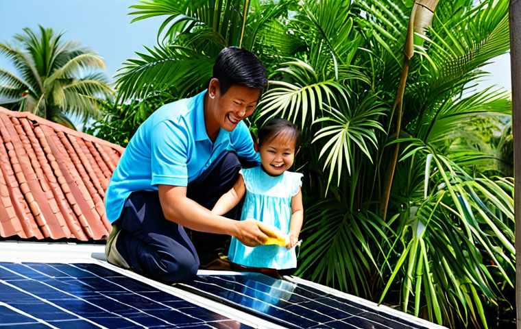 **
A Thai family in a modern, single-family home setting. The father is gently cleaning a solar panel on the roof with a soft sponge and water. The mother and child are watching from below, smiling. Lush tropical plants surround the home. The scene is bright and sunny, conveying a sense of family teamwork and environmental responsibility. Fully clothed, modest clothing, appropriate attire, safe for work, perfect anatomy, natural proportions, professional photography, high quality.
**
