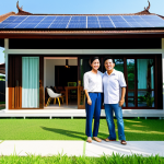 Home 18 Modern Home with Solar Panels**
"A modern Thai house with solar panels on the roof, surrounded by lush green tropical plants, clear blue sky, daytime, fully clothed family smiling in the front yard, appropriate content, safe for work, professional photograph, natural lighting, high resolution, showcasing energy efficiency and family life in Thailand, modest family."
**