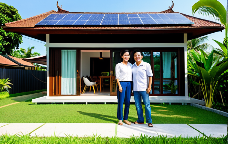 Modern Home with Solar Panels**
"A modern Thai house with solar panels on the roof, surrounded by lush green tropical plants, clear blue sky, daytime, fully clothed family smiling in the front yard, appropriate content, safe for work, professional photograph, natural lighting, high resolution, showcasing energy efficiency and family life in Thailand, modest family."
**