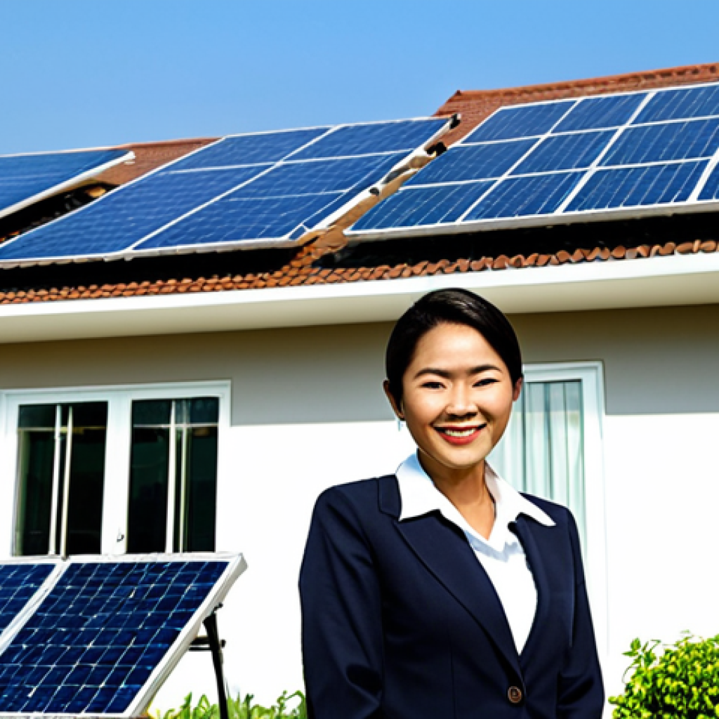 태양광 발전 설치 인증 절차 가이드 - Businesswoman and Solar Panels**
"A professional Thai businesswoman in modest business attire, smil...