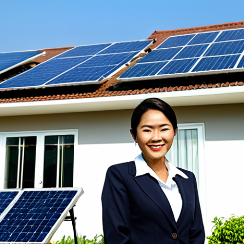 Home 29 태양광 발전 설치 인증 절차 가이드 - Businesswoman and Solar Panels**
"A professional Thai businesswoman in modest business attire, smil...