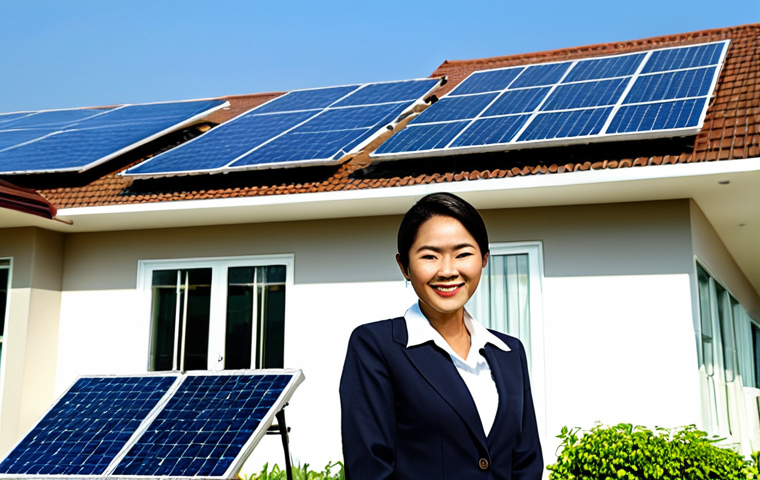 태양광 발전 설치 인증 절차 가이드 - Businesswoman and Solar Panels**
"A professional Thai businesswoman in modest business attire, smil...