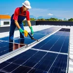 Home 16 태양광 발전 설치 시 발생할 수 있는 유지보수 문제 - **Prompt:** A clean, modern residential rooftop in Thailand, featuring a person diligently cleaning ...