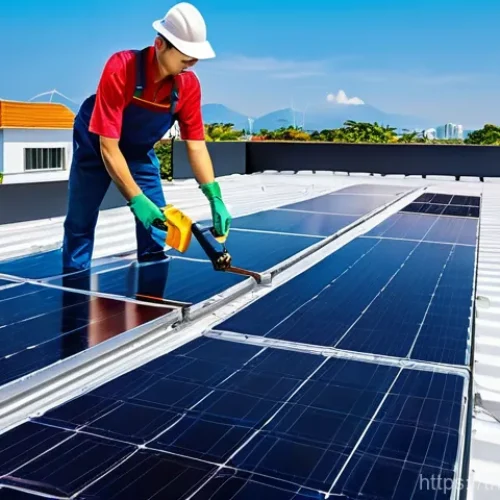 Home 28 태양광 발전 설치 시 발생할 수 있는 유지보수 문제 - **Prompt:** A clean, modern residential rooftop in Thailand, featuring a person diligently cleaning ...