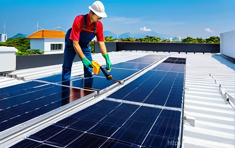 태양광 발전 설치 시 발생할 수 있는 유지보수 문제 - **Prompt:** A clean, modern residential rooftop in Thailand, featuring a person diligently cleaning ...