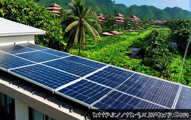 Home 15 태양광 발전 설치를 위한 기후 조건 - Photorealistic wide-angle view of a modern Thai home with rooftop solar panels under clear tropical ...