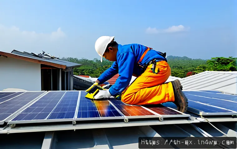 Home 17 태양광 발전 시스템 설치 시 안전 주의사항 - Photorealistic rooftop solar panel installation at a modern Thai suburban home, two trained technici...